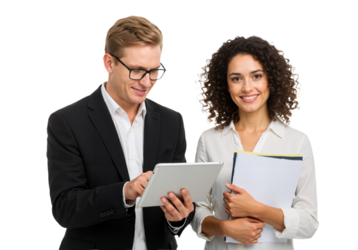 A man in a black suit looks at a tablet, and a smiling woman in a white blouse holds documents, both displaying a professional demeanor.