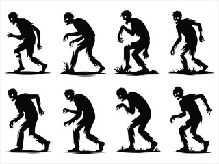 Eight black zombie silhouettes walking horror
