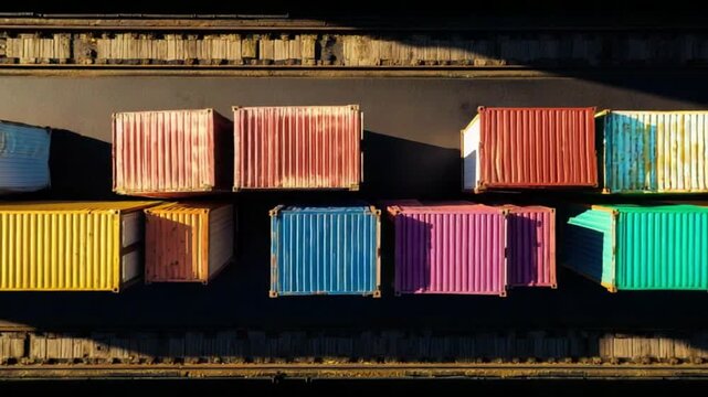Colorful containers aligned parallel near rails industrial yard