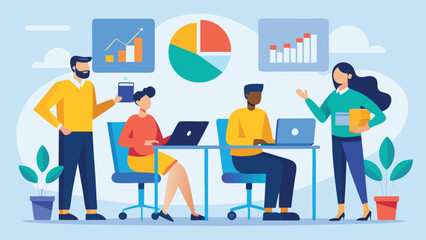 Vector art of diverse business team collaborating in an office, analyzing financial data, charts, and graphs during a meeting