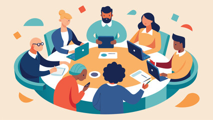 Vector art of diverse group of professionals collaborating around a round table in a modern office setting, engaged in a business meeting and discussion
