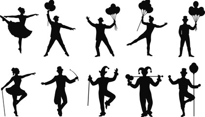 Circus characters silhouette vector set, clown performer, dancer, mime, balloon man, jester, vintage circus art, isolated black cad drawing flat vector illustration