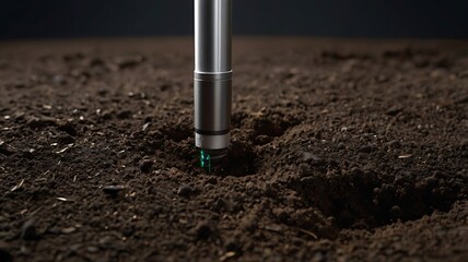 Close up of a metal tube inserted into dark soil with a green light emitting from the bottom of it