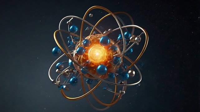 A detailed render of an atom with blue and silver electrons orbiting a bright orange nucleus