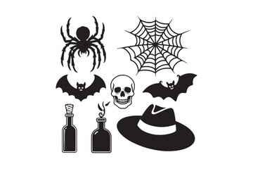 Halloween icons collection featuring spiders bats skull witch hat and potions