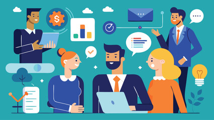 Vector art of diverse business team collaborating and discussing strategy during a meeting, symbolizing teamwork, communication, and shared success in the workplace