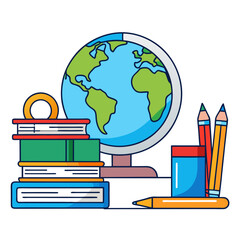 Colorful school supplies with a globe and stack of books