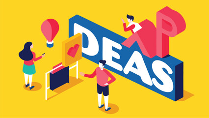 Vector art of isometric illustration of people working together to achieve a goal, with the word ideas prominently displayed, symbolizing innovation and teamwork