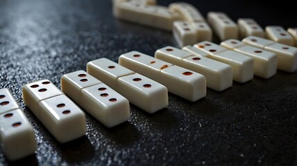 A close up shot of a row of dominoes on a dark surface with red dots and a blurred background