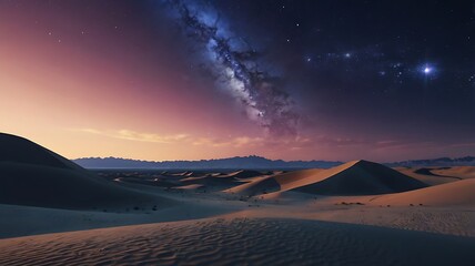 Desert landscape with sand dunes under a starry night sky and a colorful sunset horizon view scene