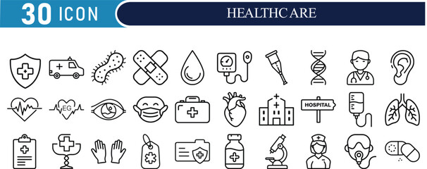 Vector art of collection of 30 healthcare and medical icons, including symbols for doctor, nurse, hospital, ambulance, medicine, and health care, isolated on white background