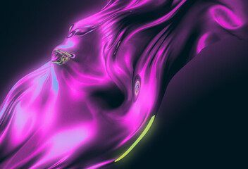 Abstract digital 3D illustration in futuristic style with flowing, liquid shapes. Main colors are vibrant purple, pink, and hints of green, creating a dynamic, glossy, and luminous visual effect.
