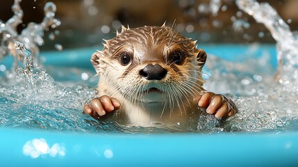 Adorable otter pup plays in the water.