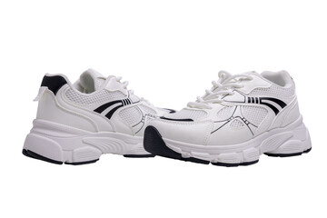 Pair of white sneakers with black details isolated on transparent background
