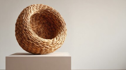 Obraz premium Round woven basket sculpture on pedestal