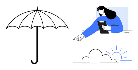 Woman with clipboard pointing outward next to umbrella. Sun rising behind clouds. Ideal for weather apps, decision-making, safety, guidance, prediction, protection, simple landing page
