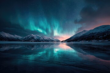 Naklejka premium Aurora borealis over frozen lake, mountains