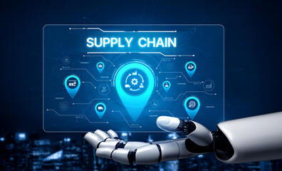 Fototapeta premium AI optimizes supply chain operations through smart logistics, automated tracking, and real-time delivery coordination for improved efficiency. Artificial intelligence spline
