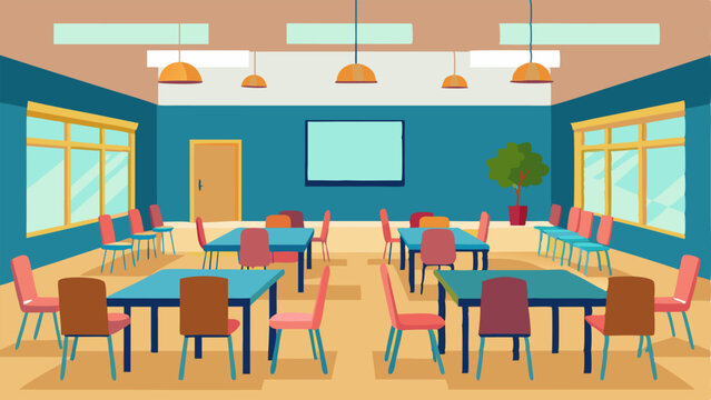 A multipurpose room with tables and chairs set up for a community meeting.