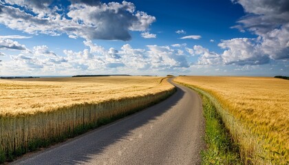 Fototapeta premium a scenic road winds through a field of wheat under a bright blue sky with fluffy clouds the road appears to beckon the viewer to explore the scenic vista