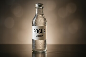 A premium focus drink bottle standing upright on a reflective surface, crystal clear liquid inside