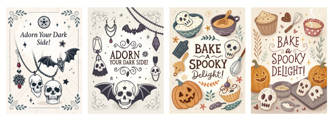 Set of four posters Halloween illustrations with skulls bats pumpkins and baking elements