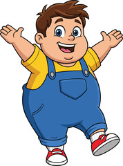 Cartoon Happy Boy in Overalls — Brown-Haired Kid with Yellow Shirt and Red Sneakers Raising Arms in Excited Pose