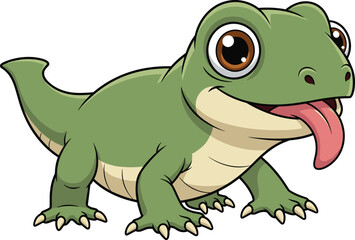 Cartoon Green Lizard with Tongue Out — Cute Reptile with Big Brown Eyes, Beige Belly, and Curved Tail in Playful Pose