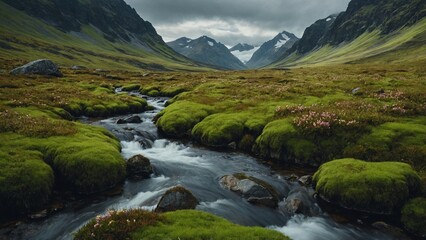 river in the mountains with lush greenery