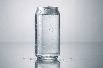  A sleek drink can standing upright on a glossy reflective surface, illuminated by soft diffused lighting