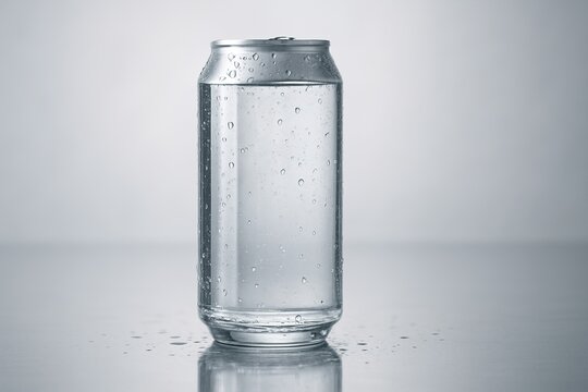  A sleek drink can standing upright on a glossy reflective surface, illuminated by soft diffused lighting