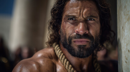 Fototapeta premium Blind and chained, Samson stands between two massive Philistine temple pillars, muscles straining, teeth gritted in prayer and agony; cracks spread as nobles above remain unaware, golden light casting