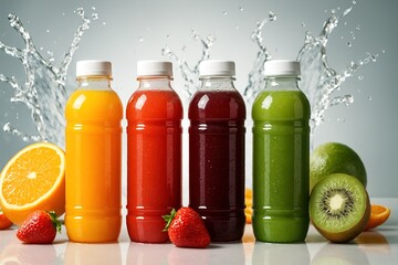 A row of colorful juice bottles neatly aligned on a glossy reflective surface, each featuring different vibrant juice colors like orange, red, and green