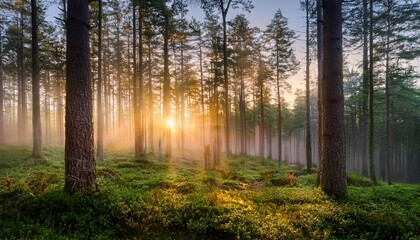 a misty forest at sunset where shifting hues dance in harmony a tranquil ambiance soothes soul and ephemeral splendor of a spring morning unfolds