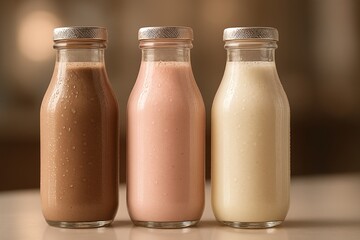 Stylish glass design bottles filled with creamy milkshakes in pastel colors &mdash; chocolate, strawberry, and vanilla &mdash; arranged neatly on a glossy surface