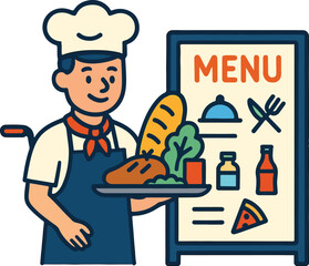 Chef with Tray & Menu Illustration