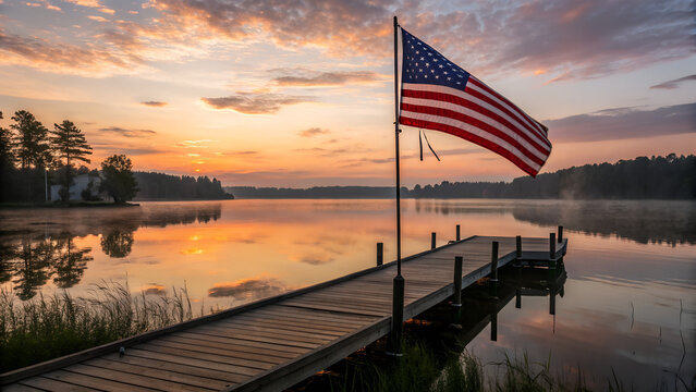 American Flag on Wooden Pier at Sunset &ndash; Patriotic Lake Scene	