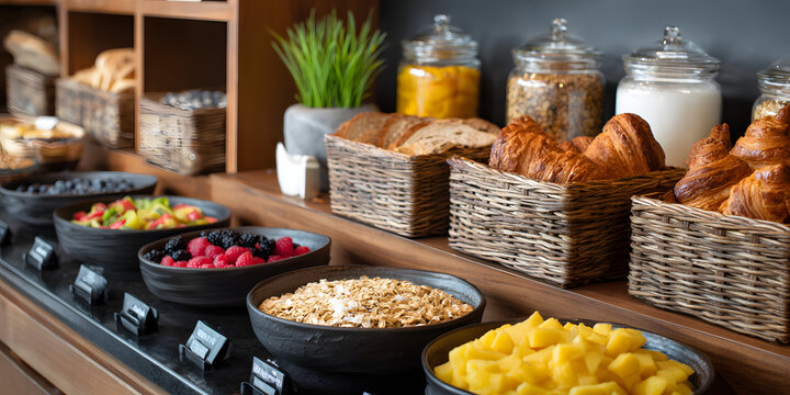 Assortment of breakfast food items artfully displayed for hotel guests, showcasing a variety of delicious options designed to delight hotel guests during their stay.
