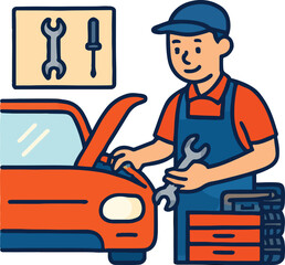 Mechanic with wrench and car