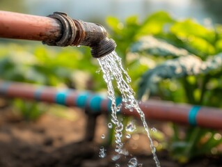Water pouring from faucet in garden on sunny day