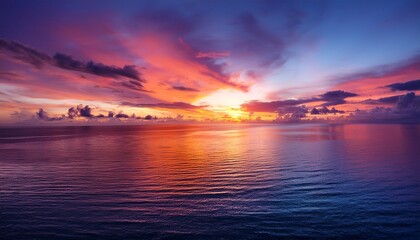 Naklejka premium a breathtaking sunset view over the tranquil ocean with vibrant hues of orange pink and purple blending into the serene sky reflecting on the water