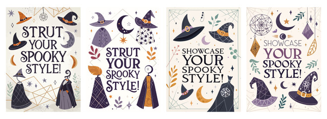 Set of four posters featuring whimsical Halloween designs with witch hats bats and spooky symbols