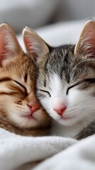 Two small striped domestic kittens sleeping while hugging