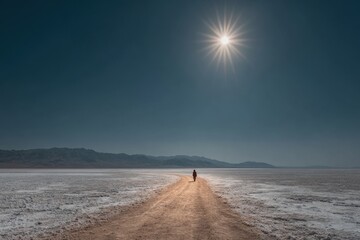 Lone figure walking across desolate landscape towards the bright sun at sunset