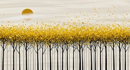 Golden trees forest sun abstract art painting landscape nature autumn fall season artwork design