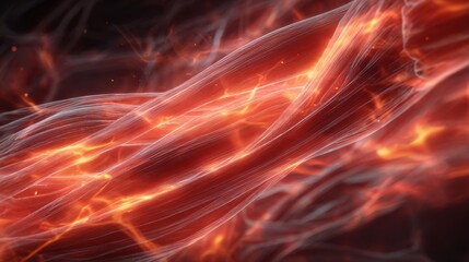 Dynamic ember flames overlay on medical illustration of rigid skeletal muscles representing hyperthermia and dopamine blockade in neuroleptic malignant syndrome.