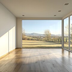 Obraz premium Modern Living Room with Blank Wall and Landscape View Outside