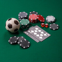 Playing blackjack or baccarat card game in casino with chips, bets and risk. Cards and chips