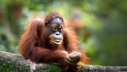 young orangutan explores natural habitat while showing playful behavior in a lush environment