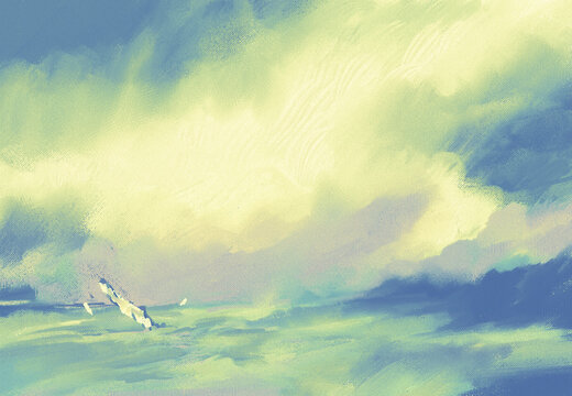 Vibrant & Colorful Sunset Sunrise Seascape of 3 Sailboats w/ Light in the Background-Digital Panting or Art in Yellow, Blue & Green